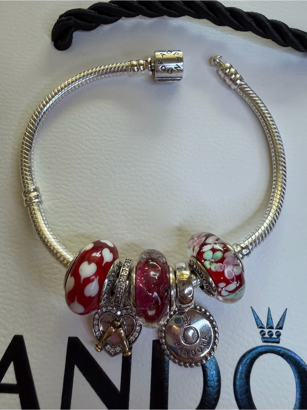 Pandora Silver Bracelet with Red and Pink Glass Beads